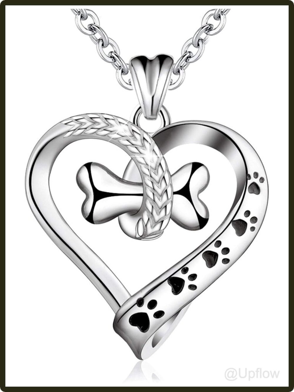 Women's Sterling Silver Dog Paw Bone Heart Pendant Necklace 18 Inch Gift